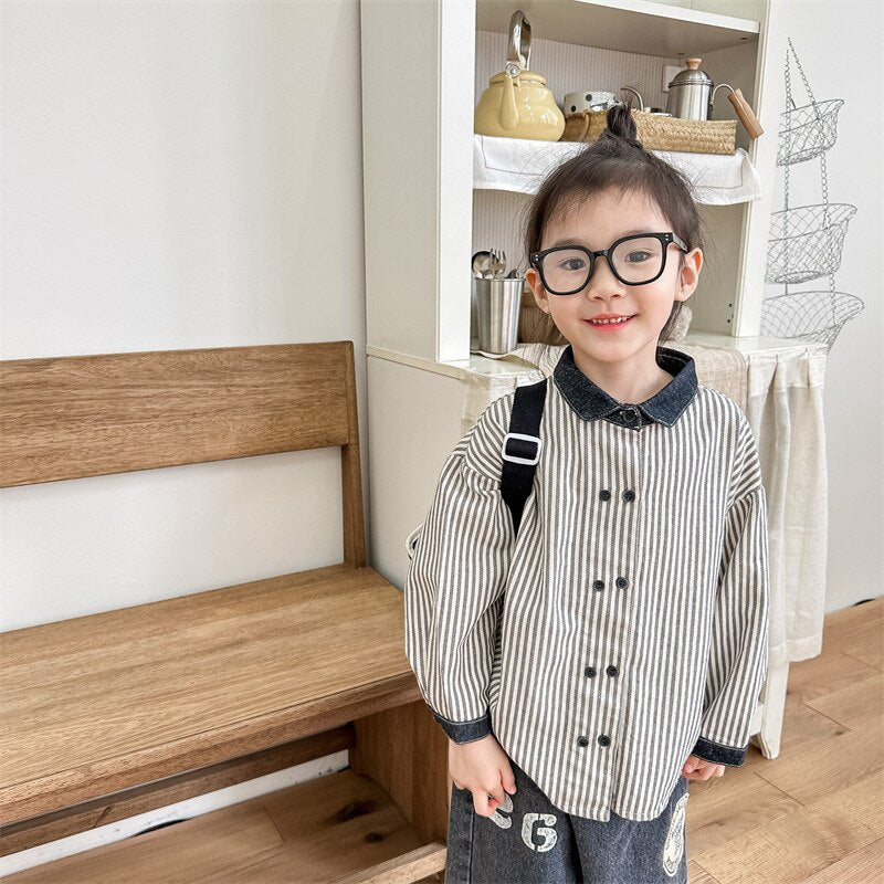 -キッズ ストライプ 長袖 シャツ ブラウス ボーイズ - mamahalo shop - 長袖シャツ・ブラウス -  べビー服 - 子供服 - 男の子 - 女の子