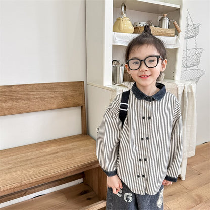 -キッズ ストライプ 長袖 シャツ ブラウス ボーイズ - mamahalo shop - 長袖シャツ・ブラウス -  べビー服 - 子供服 - 男の子 - 女の子