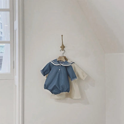 -ベビーロンパース マリンスタイルネイビーセーラーカラー長袖ボディスーツ 2カラー - mamahalo shop - 長袖ロンパース -  べビー服 - 子供服 - 男の子 - 女の子