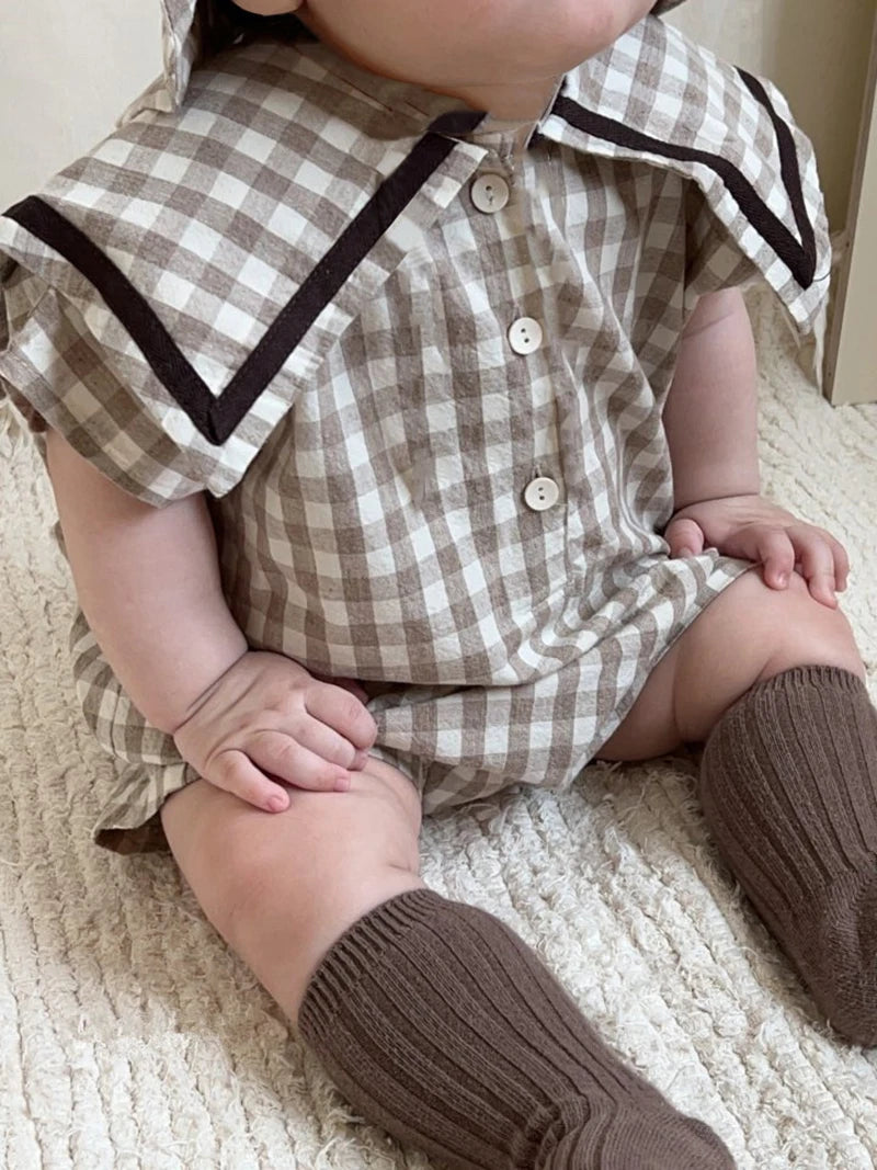 -ベビーロンパース 帽子セット ノースリーブセーラーカラージャンプスーツ チェック/無地 チューリップハットセット 2カラー【mh0006078】 - mamahalo shop - ノースリーブロンパース -  べビー服 - 子供服 - 男の子 - 女の子