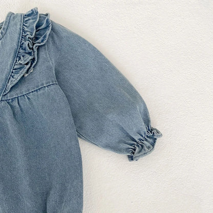 -キッズワンピース デニムフリルアクセント長袖ワンピース【mh0006985】 - mamahalo shop - 長袖ワンピース -  べビー服 - 子供服 - 男の子 - 女の子