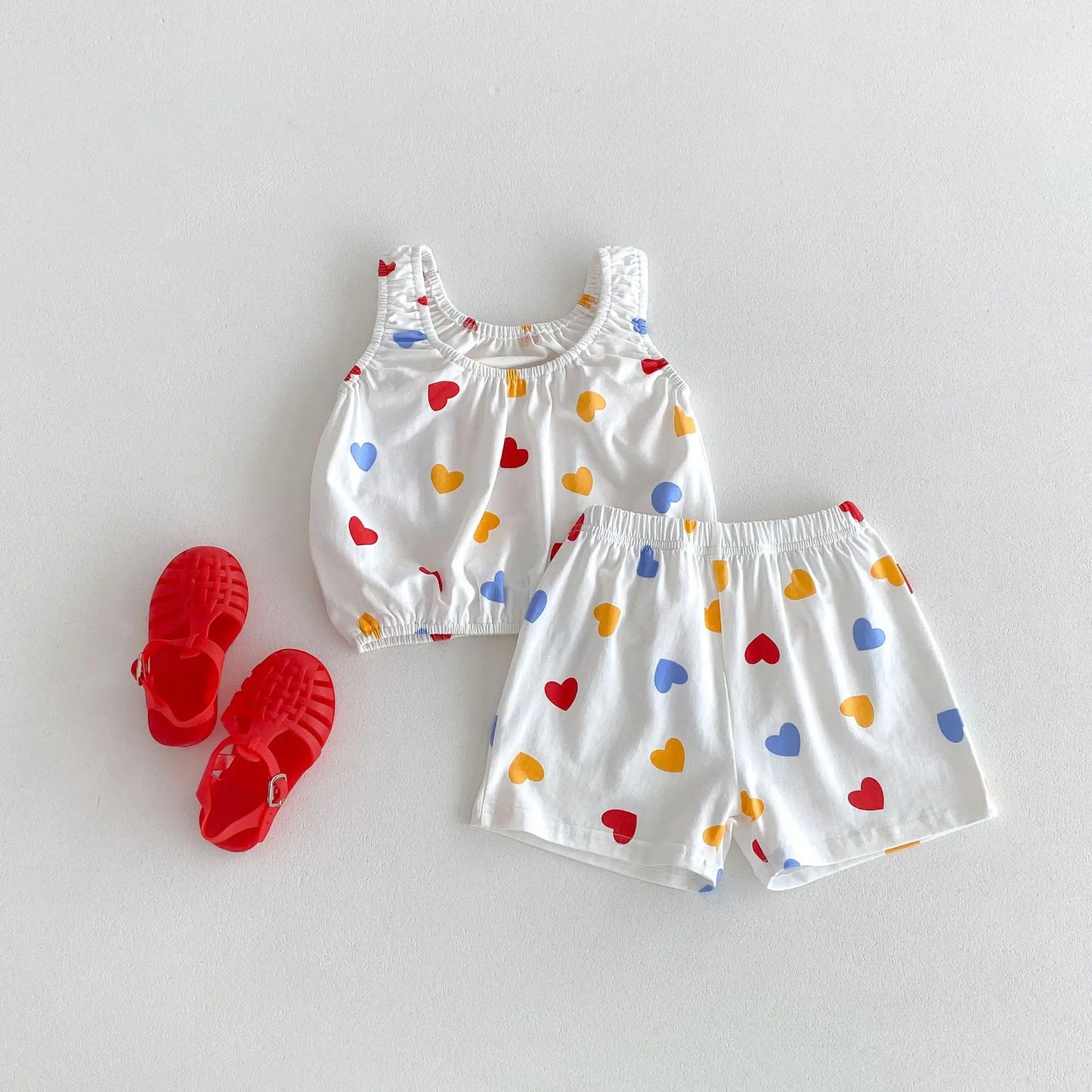 -キッズセットアップ 2点セット キャミソールトップス+ショートパンツ カラフルハート/水玉ドットプリント【mh0005389】 - mamahalo shop - ノースリーブセットアップ -  べビー服 - 子供服 - 男の子 - 女の子