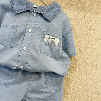 -キッズ デニム ボーイズ セットアップ 半袖 シャツ ショートパンツ ガールズ 半袖シャツ ワンピース リンク 兄弟 姉妹 お揃い コーデ - mamahalo shop - 半袖ワンピース -  べビー服 - 子供服 - 男の子 - 女の子