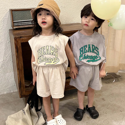 キッズセットアップ 2点セット ノースリーブTシャツ+ショートパンツ レターロゴプリント 2カラー - mamahalo shop - ノースリーブセットアップ - ベビー服 - 子供服 - 男の子 - 女の子