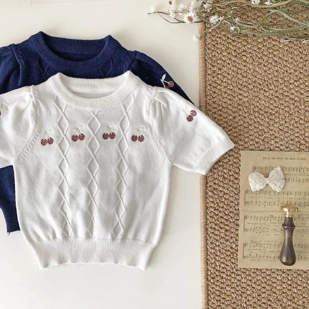 -ベビーキッズトップス サマーニット 半袖サマーセーター チェリー さくらんぼ 刺繍 2カラー - mamahalo shop - ニット・セーター -  べビー服 - 子供服 - 男の子 - 女の子