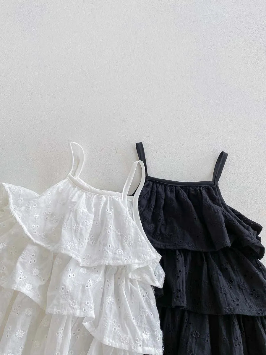 -ベビーロンパース キャミソールボディスーツ 刺繍レース ティアードフリル 2カラー - mamahalo shop - ノースリーブロンパース -  べビー服 - 子供服 - 男の子 - 女の子