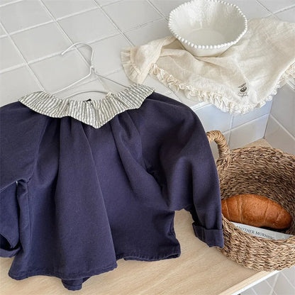 -キッズトップス ストライプサークル襟 長袖ブラウス シャツ 2カラー - mamahalo shop - 長袖シャツ・ブラウス -  べビー服 - 子供服 - 男の子 - 女の子