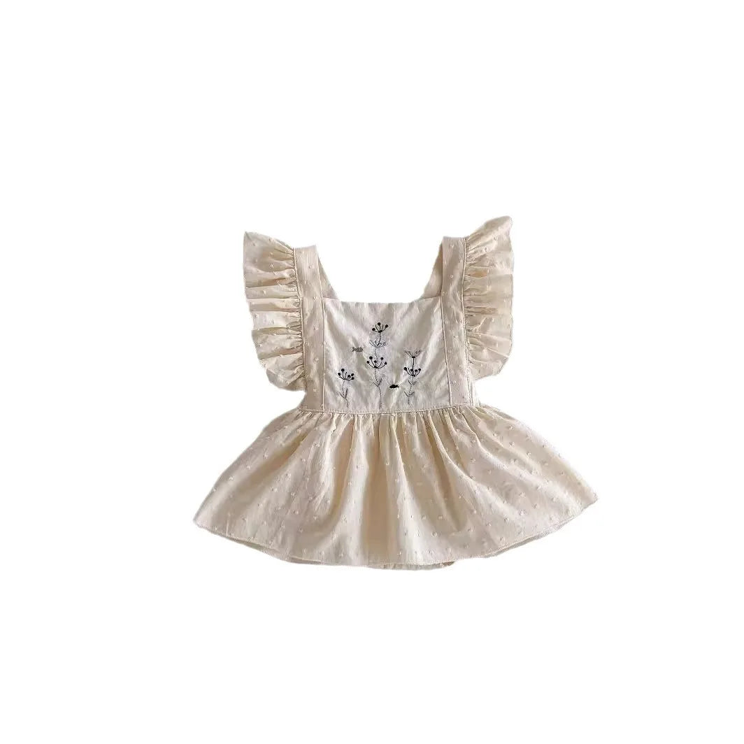 -ベビーロンパース フリルスリーブ ワンピースボディスーツ フラワー花柄刺繍 2カラー - mamahalo shop - 半袖ワンピース -  べビー服 - 子供服 - 男の子 - 女の子