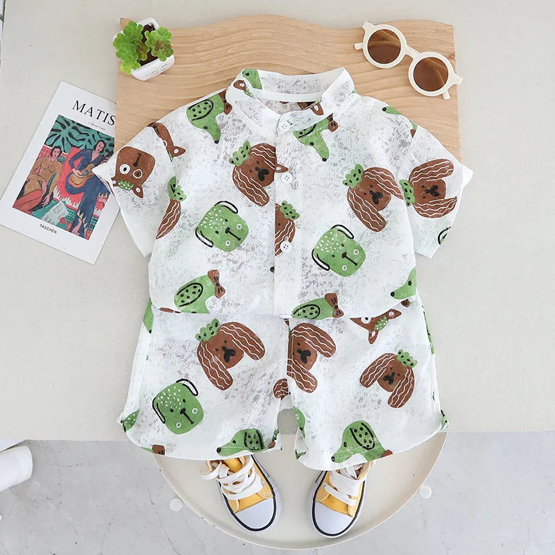 -キッズセットアップ 2点セット 半袖シャツ+ショートパンツ 犬ドッグプリント 2カラー【mh0006170】 - mamahalo shop - 半袖セットアップ -  べビー服 - 子供服 - 男の子 - 女の子