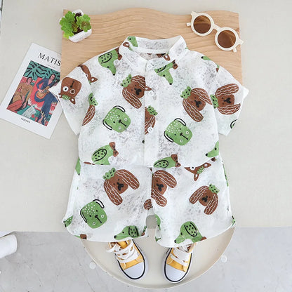 -キッズセットアップ 2点セット 半袖シャツ+ショートパンツ 犬ドッグプリント 2カラー【mh0006170】 - mamahalo shop - 半袖セットアップ -  べビー服 - 子供服 - 男の子 - 女の子