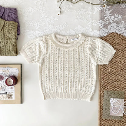 -ベビーキッズトップス レースニット フリル襟 半袖サマーセーター 3カラー - mamahalo shop - 半袖Tシャツ -  べビー服 - 子供服 - 男の子 - 女の子