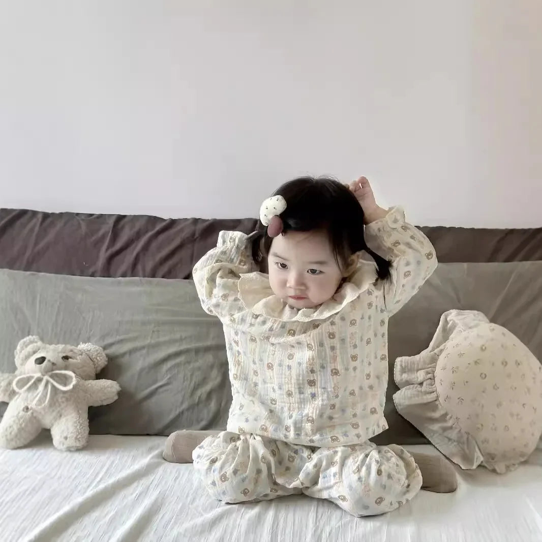 -ベビーセットアップ ハート/フラワープリントラッフル襟長袖シャツ+ロングパンツ 3カラー - mamahalo shop - 長袖セットアップ -  べビー服 - 子供服 - 男の子 - 女の子