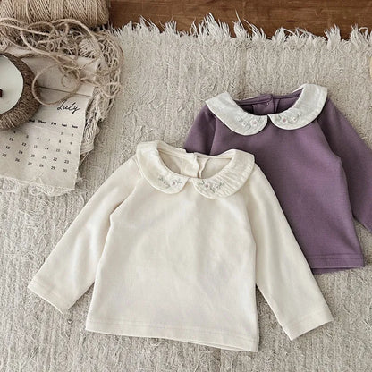 -ベビートップス フラワー刺繍丸襟長袖Tシャツブラウス 2カラー【mh0006702】 - mamahalo shop - 長袖Tシャツ -  べビー服 - 子供服 - 男の子 - 女の子