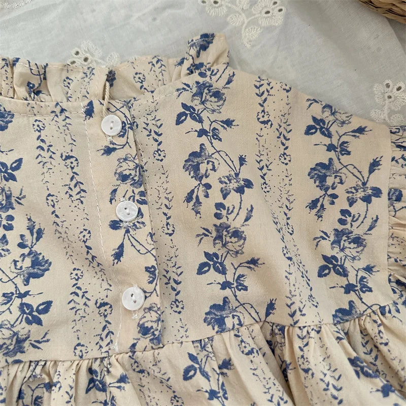 -キッズトップス フリルスタンドカラーフラワーストライププリント長袖パフスリーブチュニックブラウス - mamahalo shop - 長袖シャツ・ブラウス -  べビー服 - 子供服 - 男の子 - 女の子