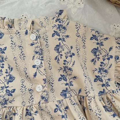 -キッズトップス フリルスタンドカラーフラワーストライププリント長袖パフスリーブチュニックブラウス - mamahalo shop - 長袖シャツ・ブラウス -  べビー服 - 子供服 - 男の子 - 女の子