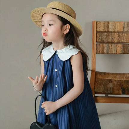 ☺︎ キッズワンピース 襟付きストライプ ノースリーブワンピース ブルー - mamahalo shop - ノースリーブワンピース -  べビー服 - 子供服 - 男の子 - 女の子