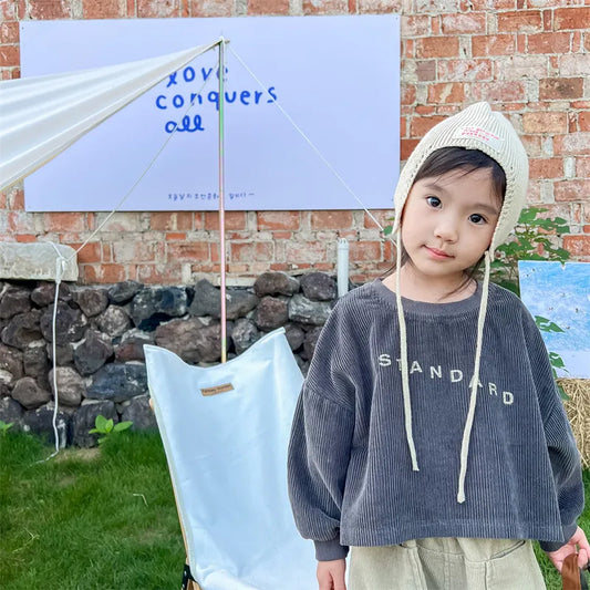 -キッズ レターロゴ コーデュロイ スウェット 長袖 Tシャツ - mamahalo shop - 長袖Tシャツ -  べビー服 - 子供服 - 男の子 - 女の子