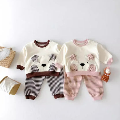 -ベビーキッズセットアップ 2点セット ベアくまアップリケ長袖Tシャツ+ボーダーロングパンツ 2カラー - mamahalo shop - 長袖セットアップ -  べビー服 - 子供服 - 男の子 - 女の子