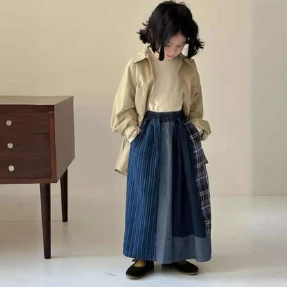 -キッズパンツ パッチワークデニムワイドルーズビッグシルエットパンツ ガウチョパンツ - mamahalo shop - デニムパンツ -  べビー服 - 子供服 - 男の子 - 女の子