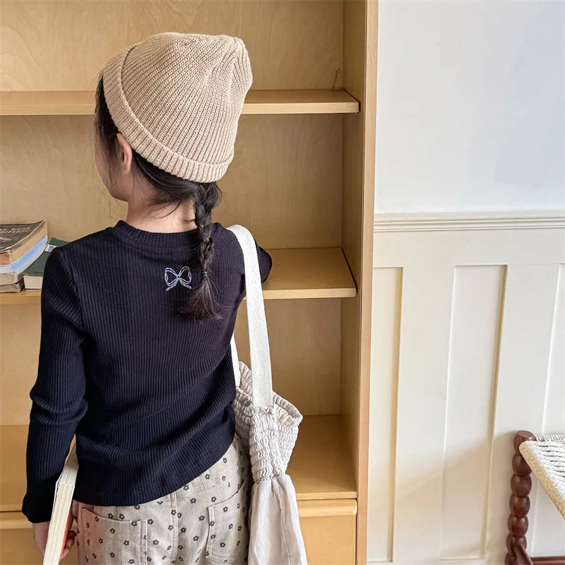 -キッズトップス リボンアップリケ刺繍長袖カットソーTシャツ 3カラー - mamahalo shop - 長袖Tシャツ -  べビー服 - 子供服 - 男の子 - 女の子