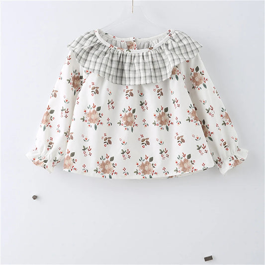 -ベビートップス 長袖チュニックブラウス フラワー花柄プリント チェック【mh0006250】 - mamahalo shop - 長袖シャツ・ブラウス -  べビー服 - 子供服 - 男の子 - 女の子