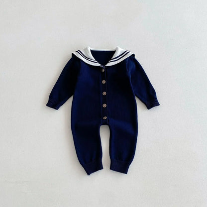 -ベビージャンプスーツ セーラーカラーマリンスタイルニット長袖ロンパース 無地/ボーダー【mh0007429】 - mamahalo shop - 長袖ジャンプスーツ -  べビー服 - 子供服 - 男の子 - 女の子