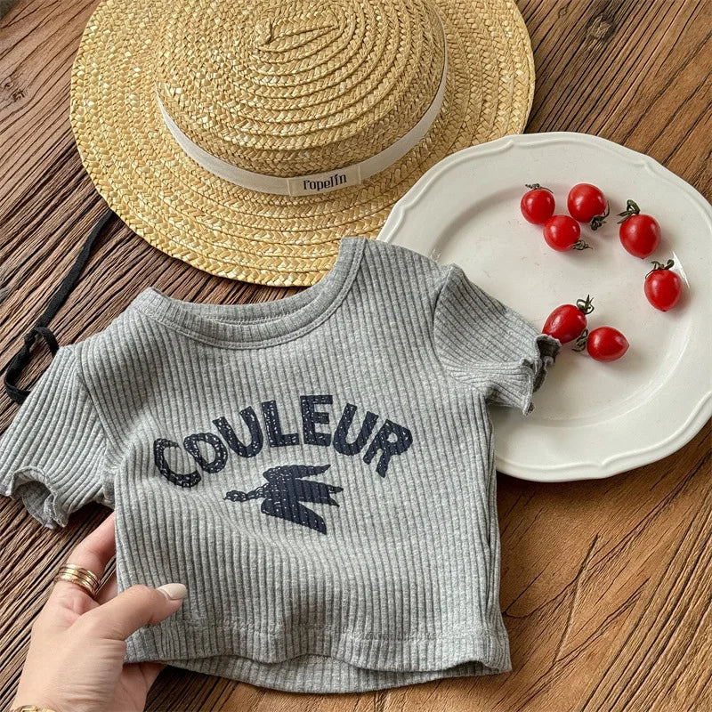 -キッズトップス 半袖リブTシャツ レターロゴプリント 3カラー - mamahalo shop - 半袖Tシャツ -  べビー服 - 子供服 - 男の子 - 女の子