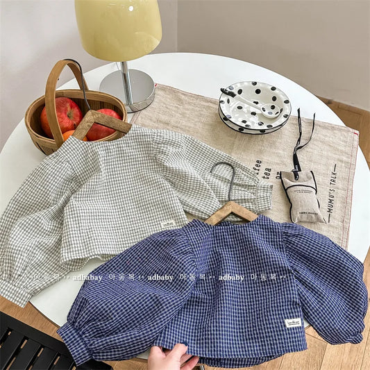 -キッズトップス 長袖パフスリーブブラウス チュニック チェック柄 ベージュ/ブルー/2カラー - mamahalo shop - 長袖シャツ・ブラウス -  べビー服 - 子供服 - 男の子 - 女の子