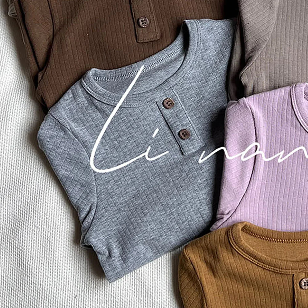 -キッズパジャマセット リブ 長袖ヘンリーネックTシャツ+ロングパンツ シンプルベーシック 5カラー【mh0006360】 - mamahalo shop - 長袖パジャマ -  べビー服 - 子供服 - 男の子 - 女の子