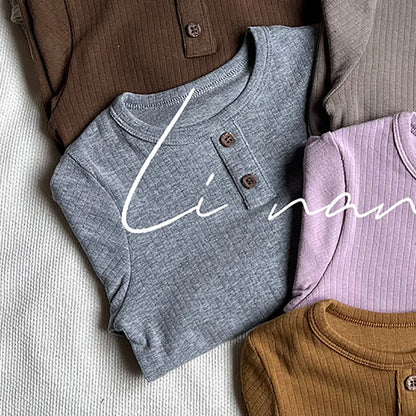 -キッズパジャマセット リブ 長袖ヘンリーネックTシャツ+ロングパンツ シンプルベーシック 5カラー【mh0006360】 - mamahalo shop - 長袖パジャマ -  べビー服 - 子供服 - 男の子 - 女の子