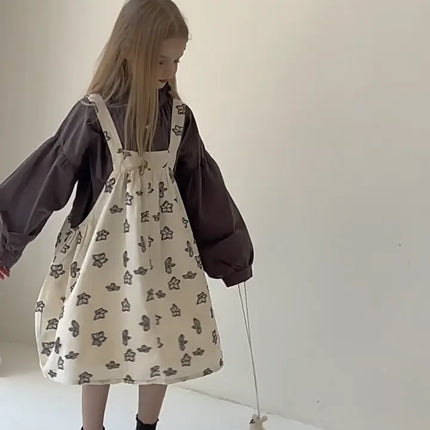 キッズワンピース シックフラワープリントノースリーブサスペンダーワンピース - mamahalo shop - ノースリーブワンピース -  べビー服 - 子供服 - 男の子 - 女の子