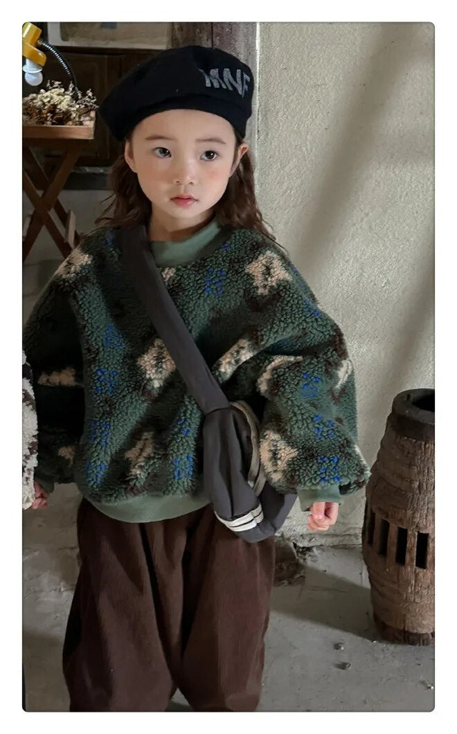 -キッズスウェットシャツ トライバル柄 ボアフリーストレーナー トップス カーキ グリーン 2カラー ユニセックス 男の子 女の子 子供服 - mamahalo shop - トレーナー・フーディ -  べビー服 - 子供服 - 男の子 - 女の子