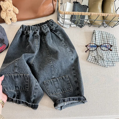 -キッズパンツ デニムパンツ ジーンズ パッチワークルーズパンツ ジーンズ ブルー/ブラック/2カラー - mamahalo shop - デニムパンツ -  べビー服 - 子供服 - 男の子 - 女の子