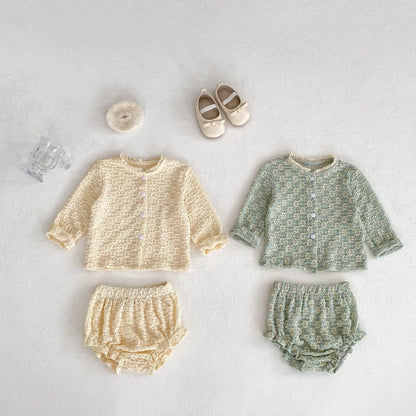 -ベビーセットアップ 2点セット フラワー柄レースニットカーディガン+フリルブルマパンツ 2カラー - mamahalo shop - 長袖セットアップ -  べビー服 - 子供服 - 男の子 - 女の子