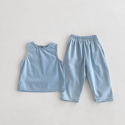 -キッズセットアップ 2点セット ノースリーブブラウス+ロングパンツ デニム ライトブルー【mh0006316】 - mamahalo shop - ノースリーブセットアップ -  べビー服 - 子供服 - 男の子 - 女の子