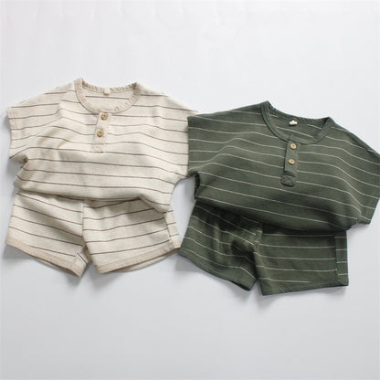 -キッズ ボーダー セットアップ 半袖 Tシャツ ショートパンツ ベージュ アーミーグリーン ボーイズ - mamahalo shop - 半袖セットアップ -  べビー服 - 子供服 - 男の子 - 女の子