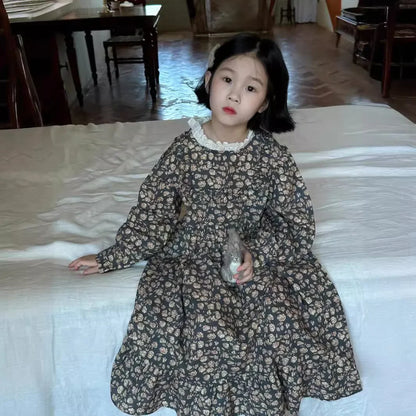 -キッズワンピース フラワープリントスタンドフリルカラー長袖ワンピース【mh0007139】 - mamahalo shop - 長袖ワンピース -  べビー服 - 子供服 - 男の子 - 女の子