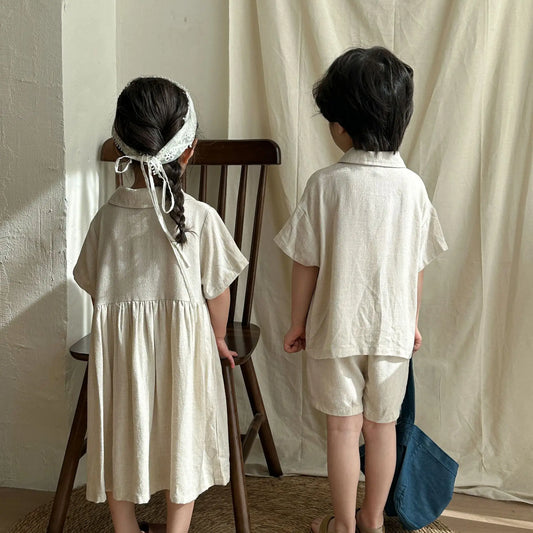 -キッズセットアップ 2点セット/ワンピース ボーイズ半袖シャツ+ショートパンツ/ガールズ半袖ワンピース ナチュラル コットンリネン リンクコーデ 兄弟姉妹 お揃いコーデ - mamahalo shop - 半袖セットアップ -  べビー服 - 子供服 - 男の子 - 女の子