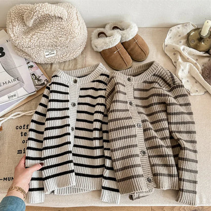 -キッズカーディガン ボーダーニットジャケット 2カラー ユニセックス 男の子 女の子 子供服【mh0003308】 - mamahalo shop - カーディガン・パーカー -  べビー服 - 子供服 - 男の子 - 女の子
