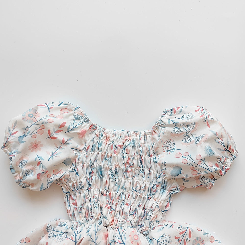 -ベビー フラワー 花柄 シャーリング スカート 半袖 ロンパース ドレス リボン セット ガールズ【mh0002073】 - mamahalo shop - 半袖ロンパース -  べビー服 - 子供服 - 男の子 - 女の子