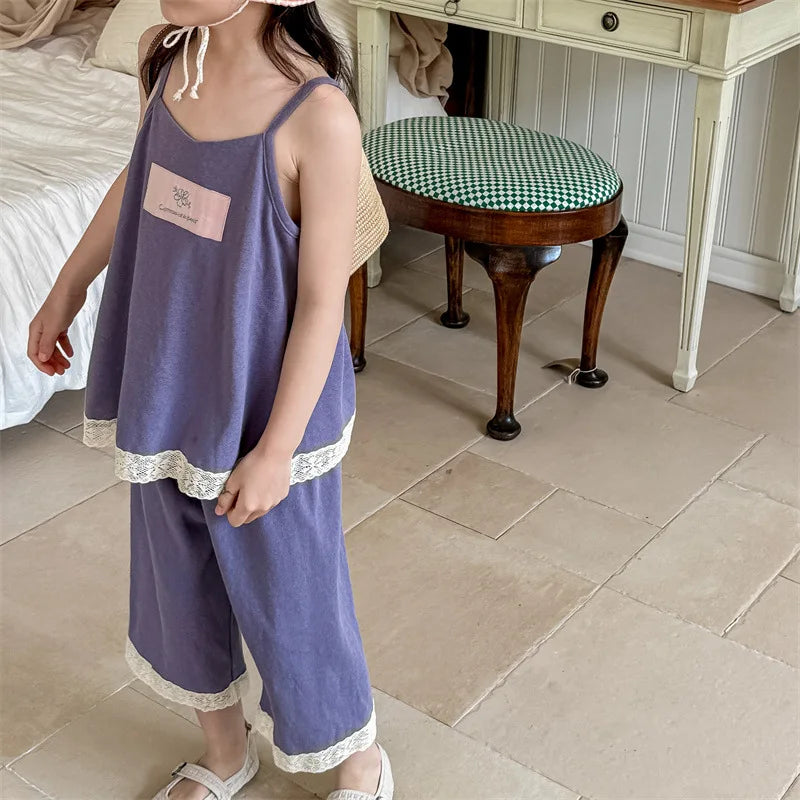 -キッズセットアップ 2点セット キャミソールトップス+クロップドパンツ レース 2カラー - mamahalo shop - ノースリーブセットアップ -  べビー服 - 子供服 - 男の子 - 女の子