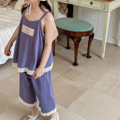 -キッズセットアップ 2点セット キャミソールトップス+クロップドパンツ レース 2カラー - mamahalo shop - ノースリーブセットアップ -  べビー服 - 子供服 - 男の子 - 女の子