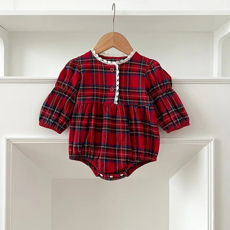 -ベビーロンパース/キッズワンピース タータンチェックレース縁取り長袖ボディスーツ/ワンピース リンクコーデ 姉妹 お揃いコーデ【mh0007419】 - mamahalo shop - 長袖ロンパース -  べビー服 - 子供服 - 男の子 - 女の子