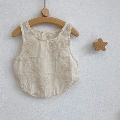 -キッズセットアップ 2点セット ノースリーブブラウス+スカート フラワーレース刺繍 ベージュ - mamahalo shop - ノースリーブセットアップ -  べビー服 - 子供服 - 男の子 - 女の子