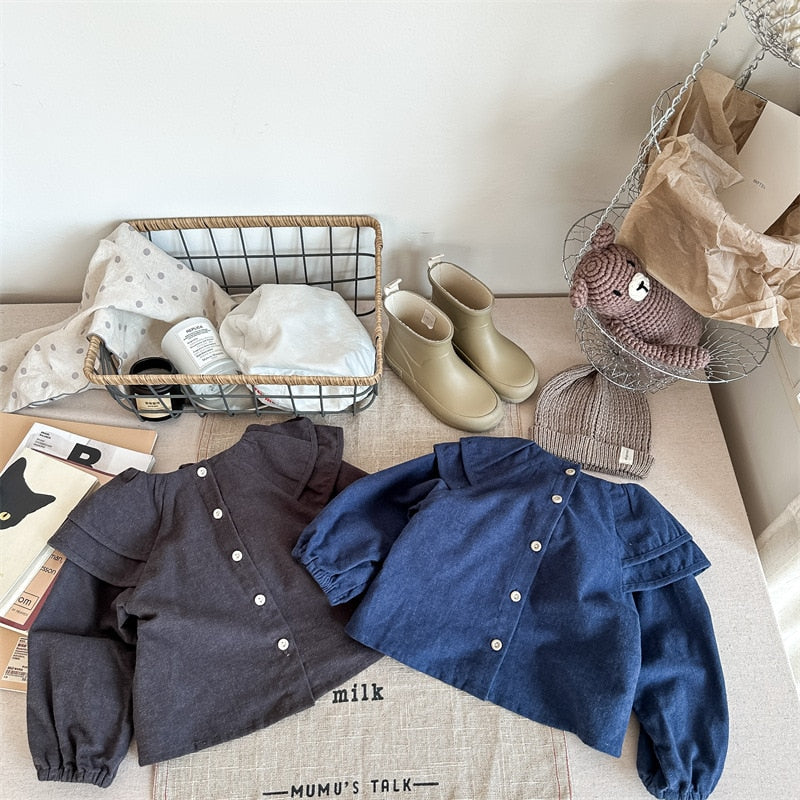 -キッズ ラッフルフリル ビッグカラー 長袖 スモック チュニック ブラウス トップス ガールズ - mamahalo shop - 長袖シャツ・ブラウス -  べビー服 - 子供服 - 男の子 - 女の子