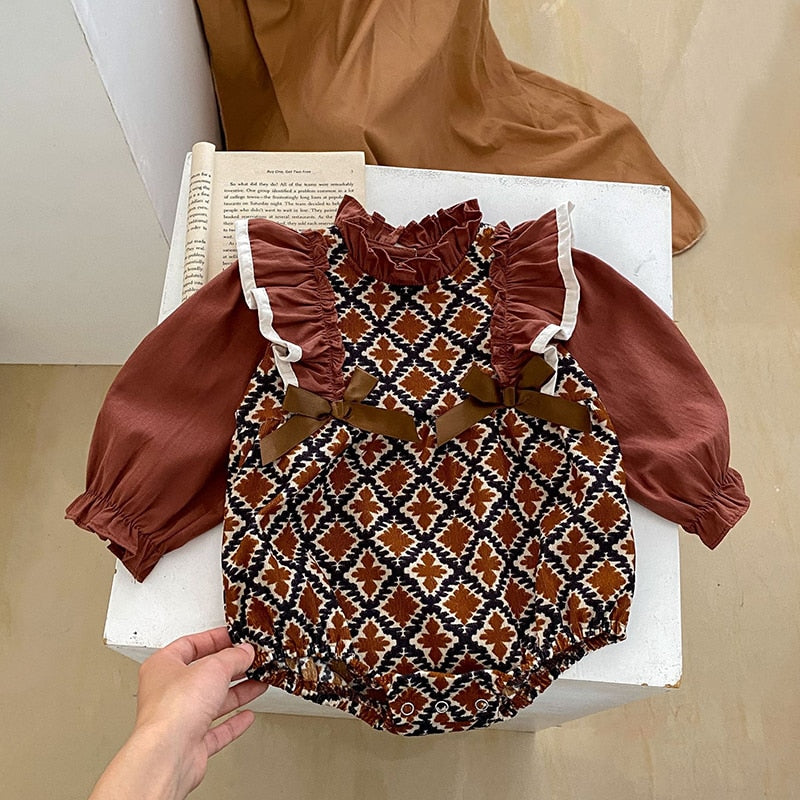 -ベビー リボン フリル スタンドカラー 長袖 ドッキング ロンパース ドレス お出かけ ガールズ【mh0002667】 - mamahalo shop - 長袖ロンパース -  べビー服 - 子供服 - 男の子 - 女の子