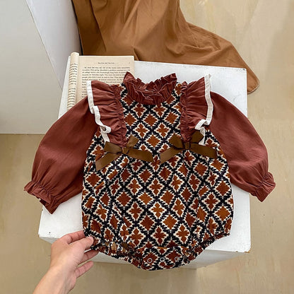 -ベビー リボン フリル スタンドカラー 長袖 ドッキング ロンパース ドレス お出かけ ガールズ【mh0002667】 - mamahalo shop - 長袖ロンパース -  べビー服 - 子供服 - 男の子 - 女の子