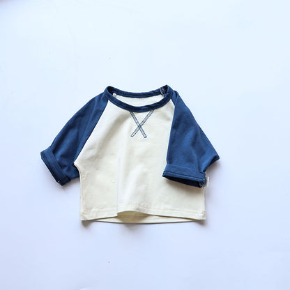 -ベビー シンプル ベーシック パッチワーク ラグラン 長袖 Tシャツ トップス ボーイズ - mamahalo shop - 長袖Tシャツ -  べビー服 - 子供服 - 男の子 - 女の子