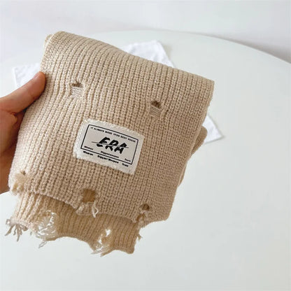 -キッズマフラー ネックウォーマー ニットスカーフ 無地 ダメージ加工 - mamahalo shop - ネックウォーマー -  べビー服 - 子供服 - 男の子 - 女の子