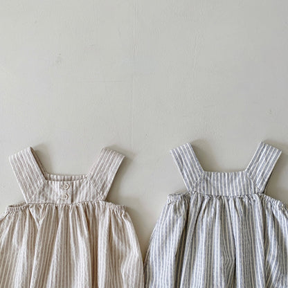 -ベビー ストライプ ノースリーブ サスペンダー ロンパース ブルー カーキ ユニセックス 5913B - mamahalo shop - ノースリーブロンパース -  べビー服 - 子供服 - 男の子 - 女の子